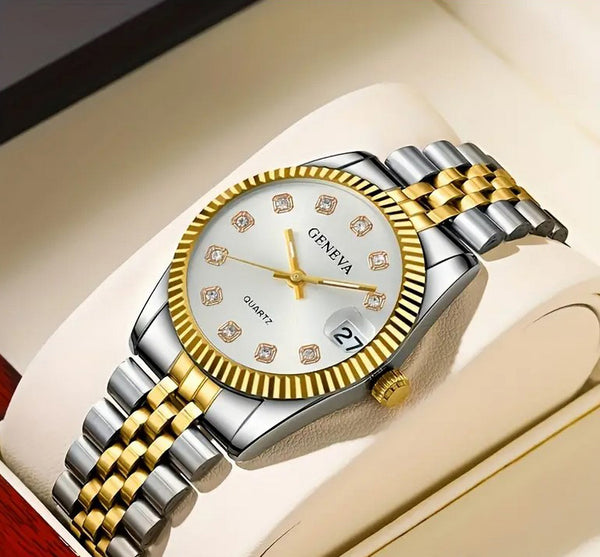 Geneva Ladies Rhinestone Silver Dial Quartz Watch Two Tone Gold Silver