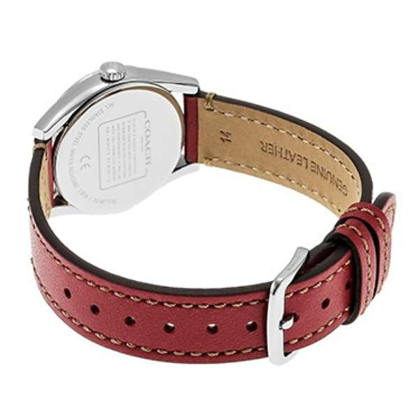 COACH Ladies Modern Luxury Quartz Watch Silver Dial Red Leather Stiched Band 14503205