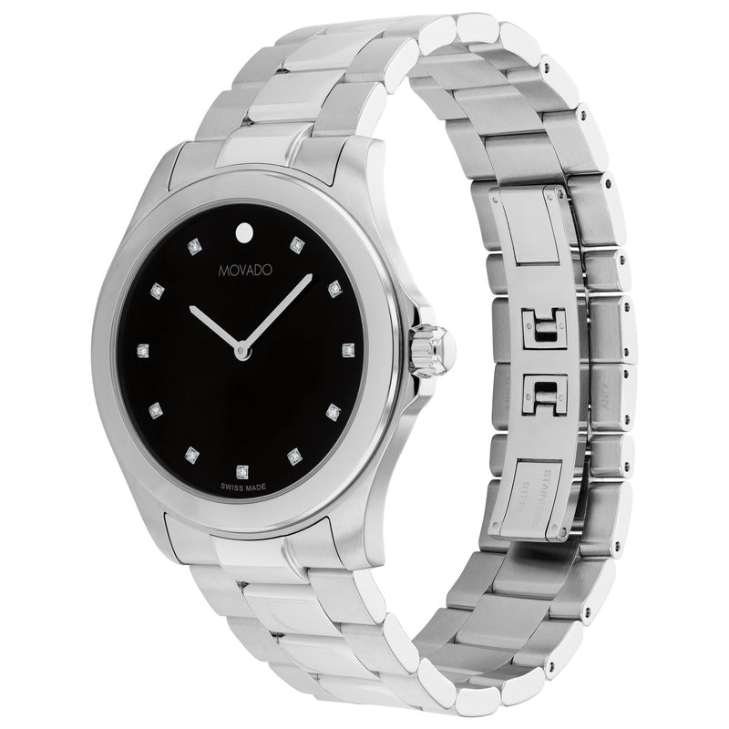 Movado Mens Challenger Diamond Watch Stainless Case Black Museum Dot Dial 0607719