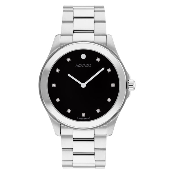 Movado Mens Challenger Diamond Watch Stainless Case Black Museum Dot Dial 0607719