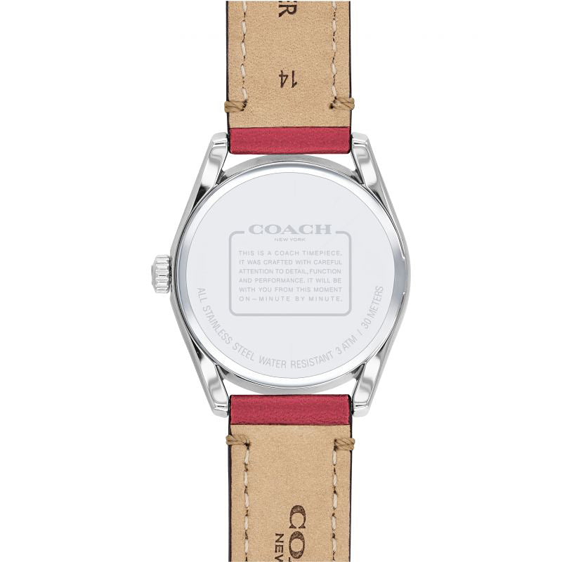 COACH Ladies Modern Luxury Quartz Watch Silver Dial Red Leather Stiched Band 14503205