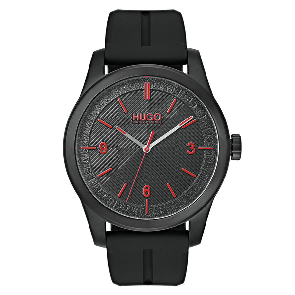 Mens HUGO BOSS Quartz Watch Black Dial w/Red Indices Black Silicone Stap 44mm 1530014