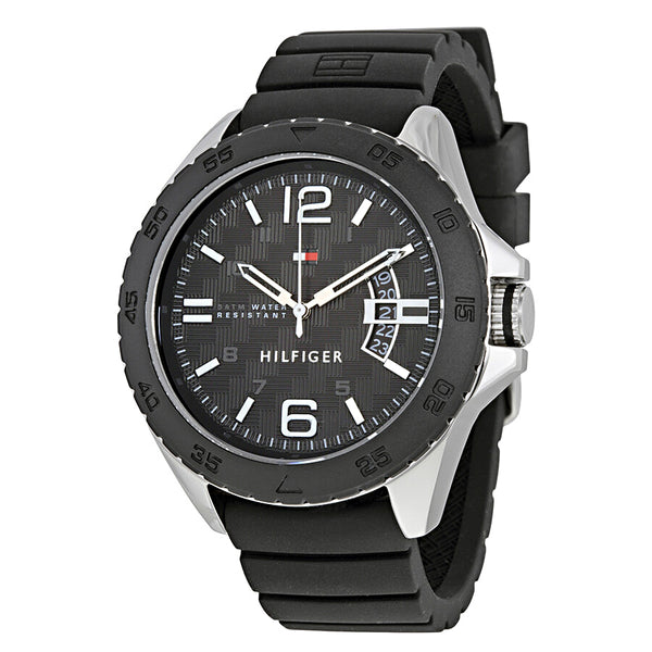 TOMMY HILFIGER Mens Quartz Watch 46mm Black Dial Black Silicone Strap With Date