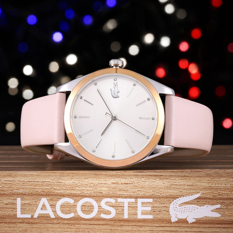 Lacoste Ladies Parisienne Quartz Watch Silver Dial, Case & Gator Logo Pink Band 2001098