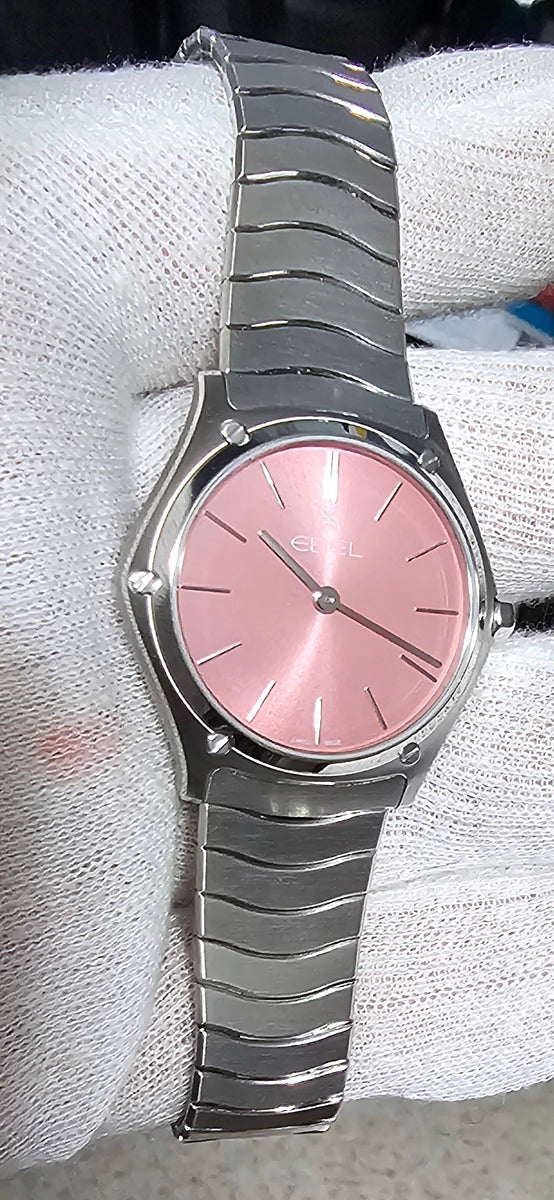 Ebel Ladies Wave Quartz Watch Silver Band & Case Silver Indices PINK Sunray Dial 1216509A