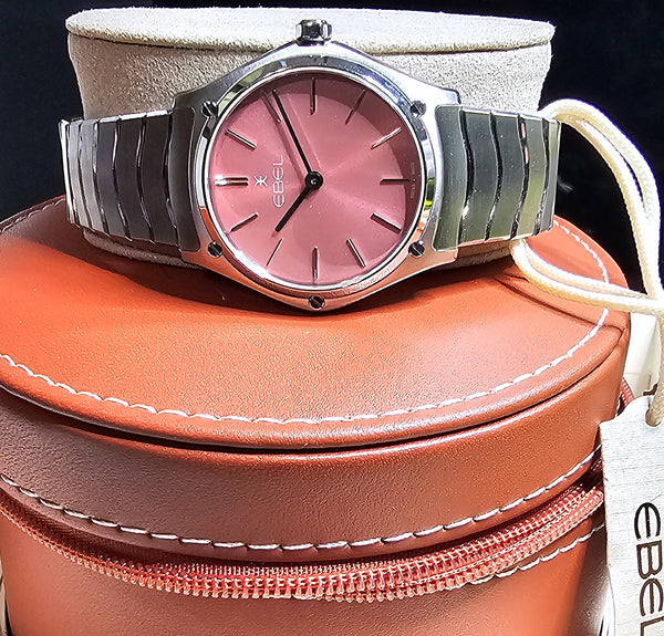 Ebel Ladies Wave Quartz Watch Silver Band & Case Silver Indices PINK Sunray Dial 1216509A