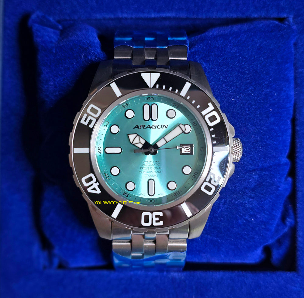 ARAGON Automatic Titanium 45mm Teal DiveMaster Sapphire Crystal Cerami