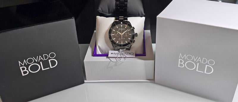 Movado Heritage Swiss Chronograph Quartz Watch Black Dial Gunmetal Case Bracelet