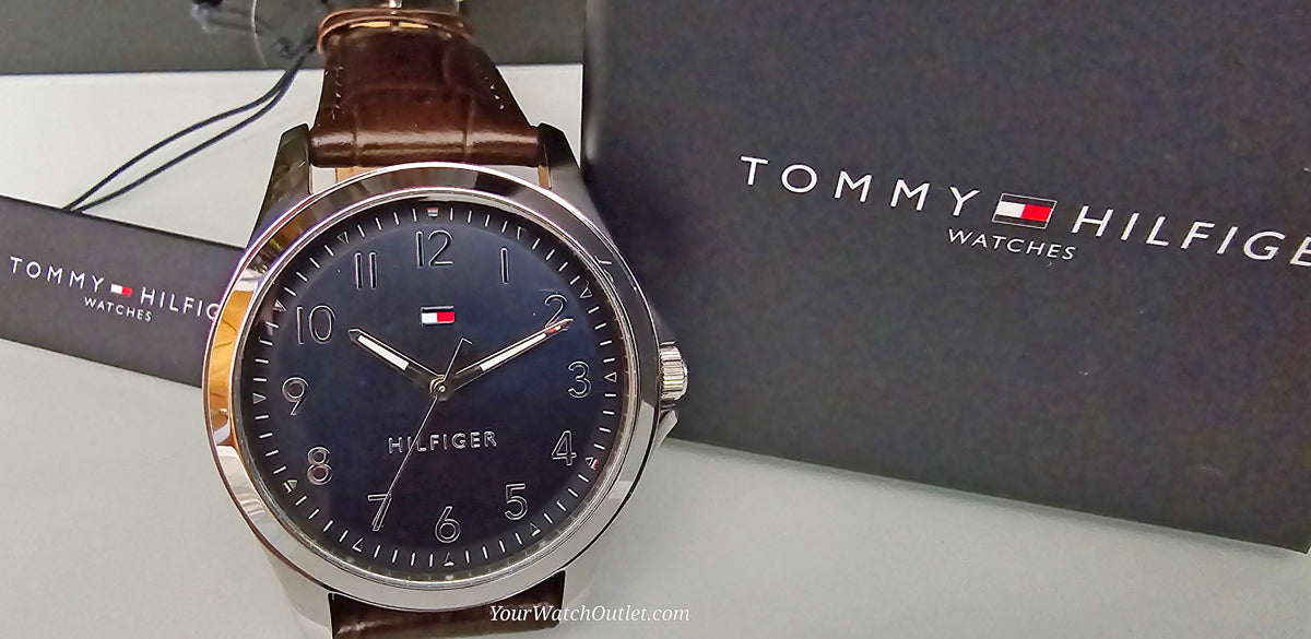 TOMMY HILFIGER Mens Quartz Watch 44mm Deep Blue Dial, Brown Leather St 
