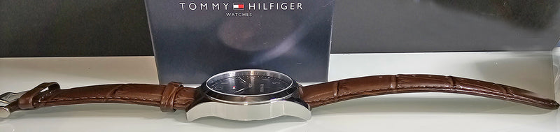 TOMMY HILFIGER Mens Quartz Watch 44mm Deep Blue Dial, Brown Leather Strap 1791449