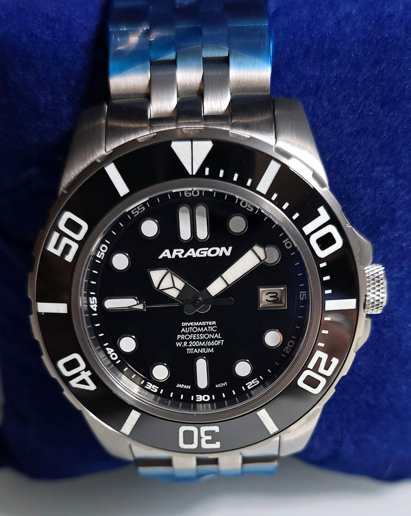 ARAGON Titanium Automatic 45mm Black DiveMaster Sapphire Crystal Ceramic Bezel Inlay A682BLK