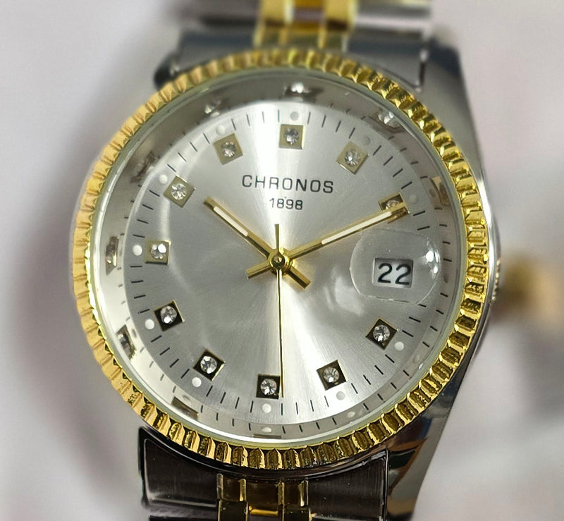 CHRONOS Stunning Rhinestone Slvr Dial Watch Two-Tone Gold/Silver Bracelet Seiko Movement