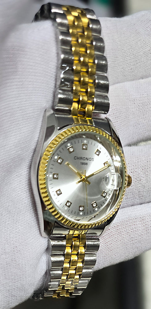 CHRONOS Stunning Rhinestone Slvr Dial Watch Two-Tone Gold/Silver Bracelet Seiko Movement