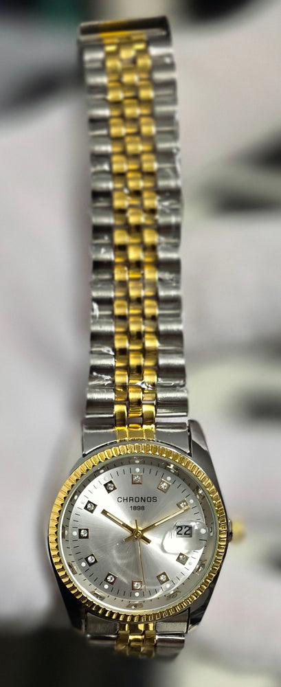 CHRONOS Stunning Rhinestone Slvr Dial Watch Two-Tone Gold/Silver Bracelet Seiko Movement