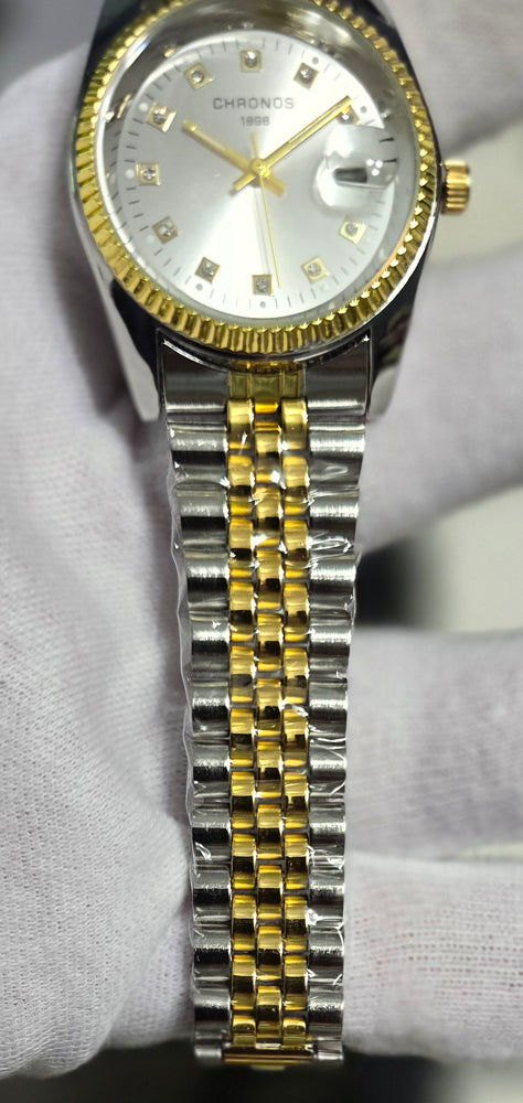 CHRONOS Stunning Rhinestone Slvr Dial Watch Two-Tone Gold/Silver Bracelet Seiko Movement