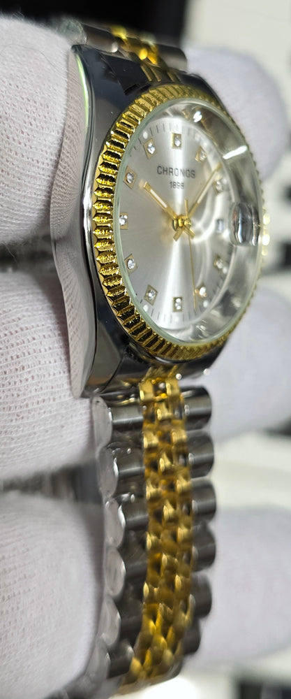 CHRONOS Stunning Rhinestone Slvr Dial Watch Two-Tone Gold/Silver Bracelet Seiko Movement