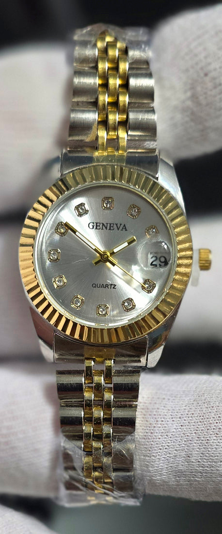 Geneva Ladies Rhinestone Silver Dial Quartz Watch Two-Tone Gold/Silver Bracelet W/ Date