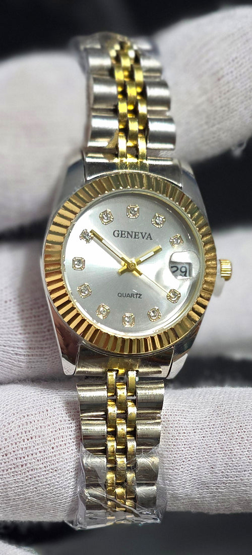 Geneva Ladies Rhinestone Silver Dial Quartz Watch Two-Tone Gold/Silver Bracelet W/ Date