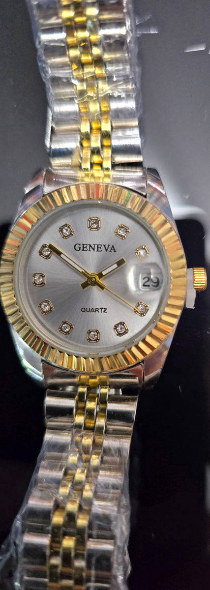 Geneva Ladies Rhinestone Silver Dial Quartz Watch Two-Tone Gold/Silver Bracelet W/ Date