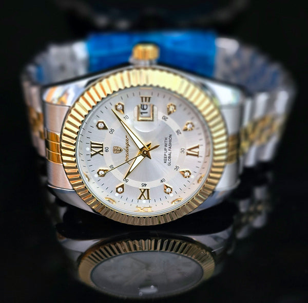 Poedagar Rhinestone Silevr Dial Quartz Watch Two-Tone Gold/Silver Bracelet Sieko Movement