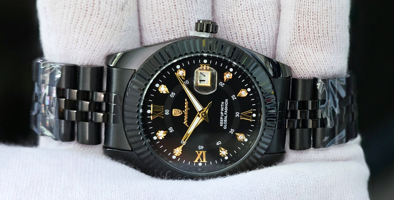 Poedagar Rhinestone Black Dial Quartz Watch Matching Black Bracelet Seiko Movement