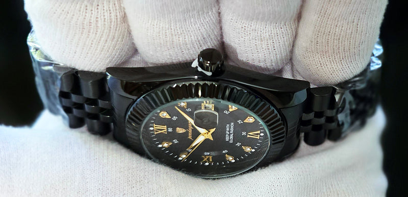 Poedagar Rhinestone Black Dial Quartz Watch Matching Black Bracelet Seiko Movement