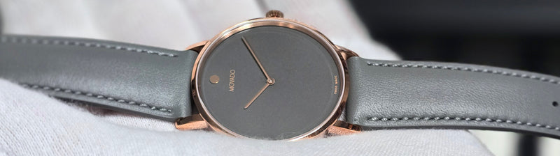 MOVADO Signature Mens Quartz Watch Gray Dial & Leather Band 14k IP Rose Gold Case