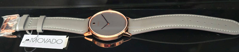 MOVADO Signature Mens Quartz Watch Gray Dial & Leather Band 14k IP Rose Gold Case