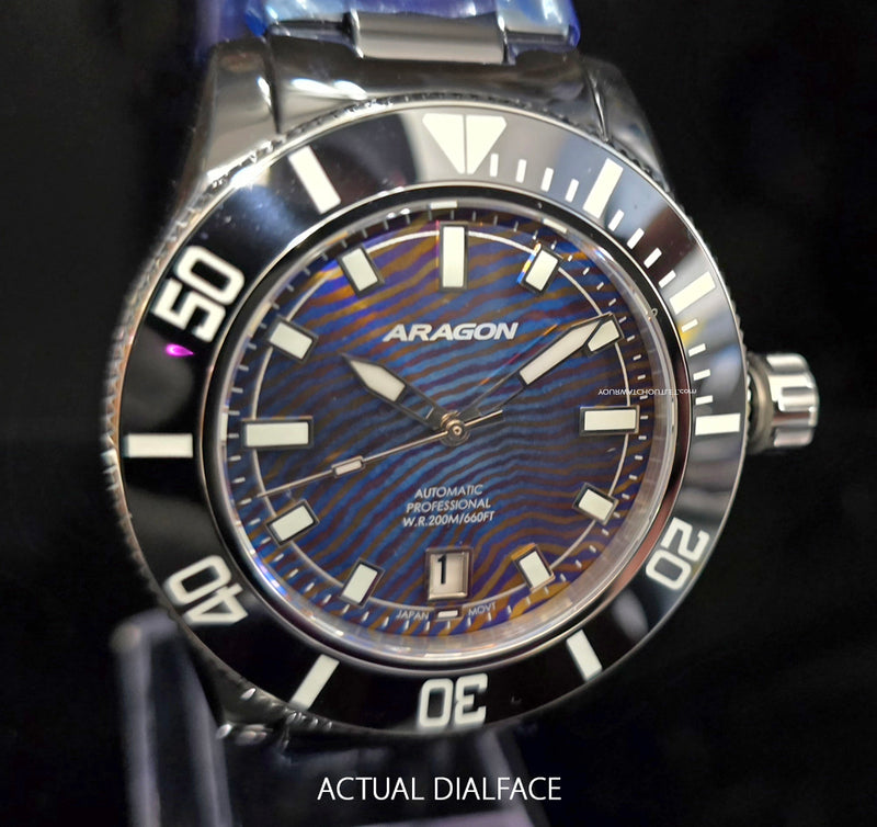 Aragon Ceramic AutomaticWatch Blue Timascus Dial #1 44mm 20ATM Rotating Dive Bezel