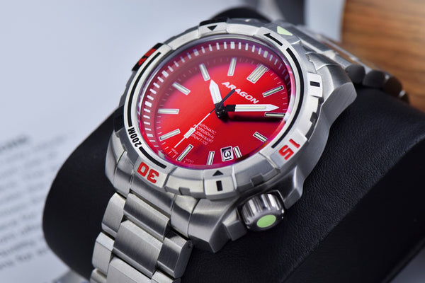 ARAGON Tritium Illuminating SeaStriker Automatic Watch 45mm Red Dial Stainless Case