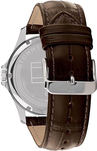 TOMMY HILFIGER Mens Quartz Watch 44mm Silver Dial Brown Gator Leather Strap 1791377