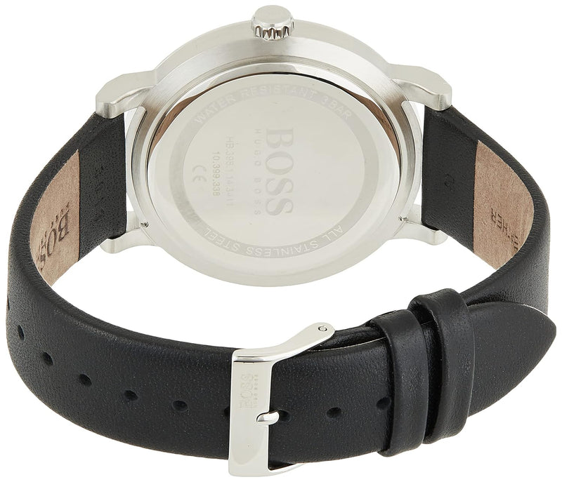 Mens HUGO BOSS Quartz Watch Black Dial w/Date Black Leather Band Stainless Case 1513790
