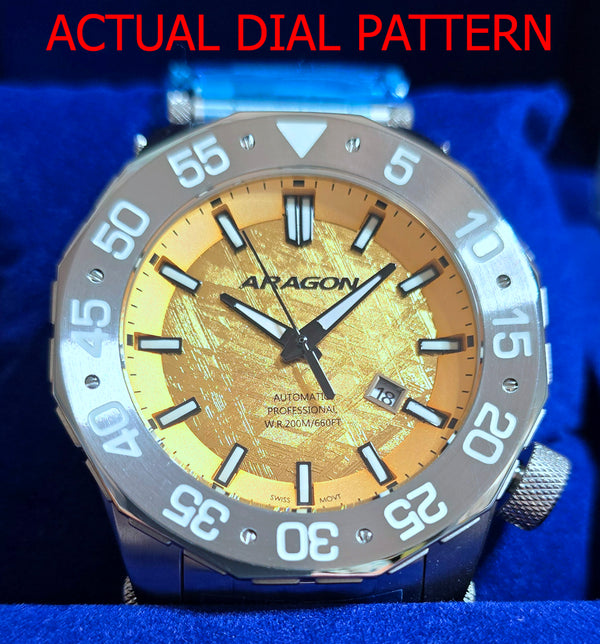 Aragon Swiss Automtic Watch Heat Treated Meteorite Golden Dial Sea Charger A517GLD