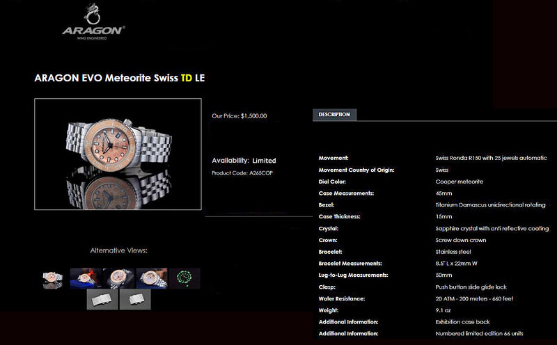 Aragon EVO Swiss Titanium Damascus Copper Meteorite Automatic Watch Lmt Ed. A265COP