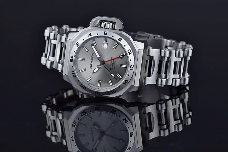 Aragon MillIpede Max GMT Automatic Watch Gray SunRay Dial 42mm 300 Meter A544GRY