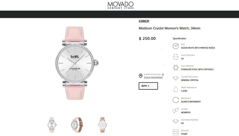 COACH Ladies Madision Quartz Watch Silver/White Dial w/60 Crystal Gem Stones 14503550