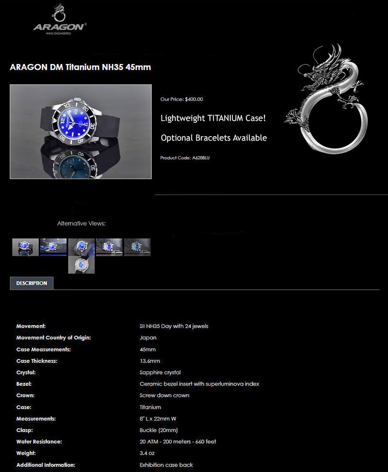 ARAGON Automatic Titanium Blue DiveMaster Watch Sapphire Crystal w/Ceramic Bezel Inlay 45mm