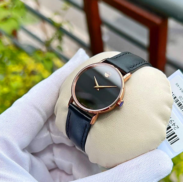 Movado Classic Museum Ladies Quartz Watch 14k IP Rose Gold Case Black Dial 0607320