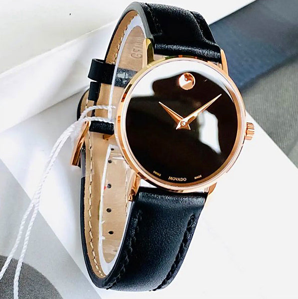 Movado Classic Museum Ladies Quartz Watch 14k IP Rose Gold Case Black Dial 0607320
