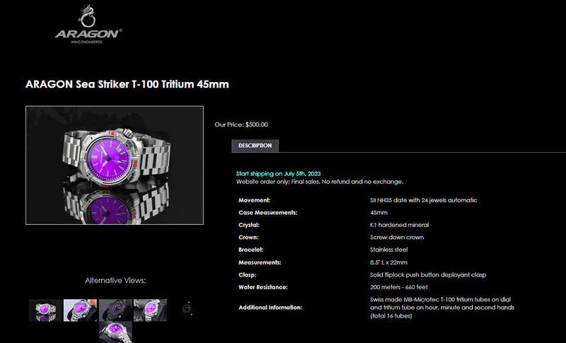 ARAGON Tritium Illuminating Sea Striker Automatic Watch 45mm Purple Dial A415PUR