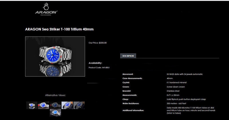 ARAGON Tritium Illuminating SeaStriker Automatic Watch 40mm Blue Dial Stainless Case