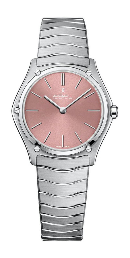 Ebel Ladies Wave Quartz Watch Silver Band & Case Silver Indices PINK Sunray Dial 1216509A