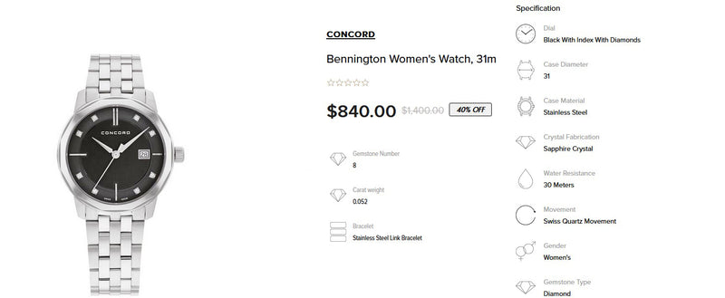 Concord Bennington Ladies Diamond Swiss Luxury Quartz Watch Black Dial 0320480