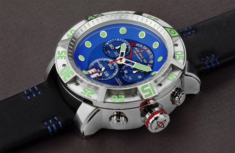 ARAGON Gauge Swiss Chronograph Mens Quartz Watch Black 55mm BLUE Mult-Function Dial