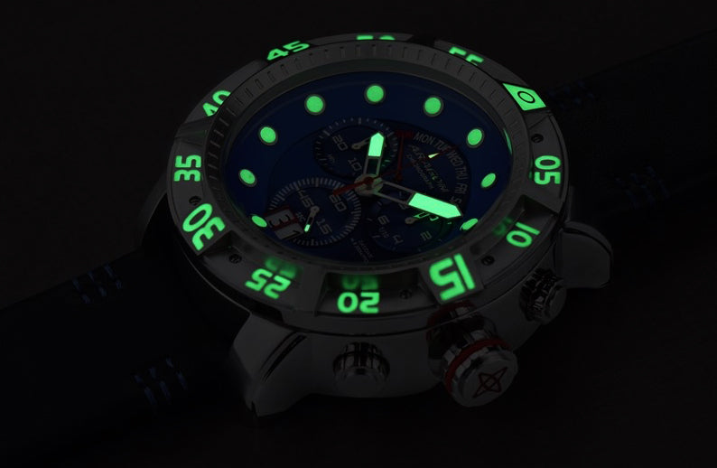 ARAGON Gauge Swiss Chronograph Mens Quartz Watch Black 55mm BLUE Mult-Function Dial