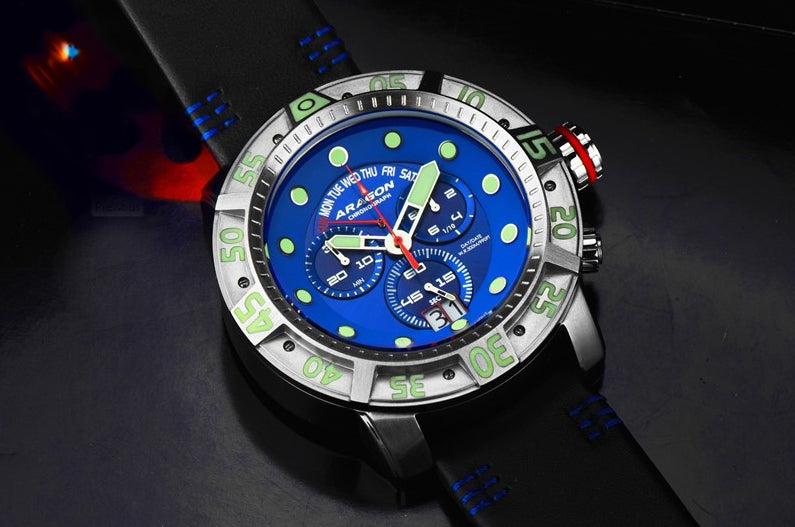 ARAGON Gauge Swiss Chronograph Mens Quartz Watch Black 55mm BLUE Mult-Function Dial