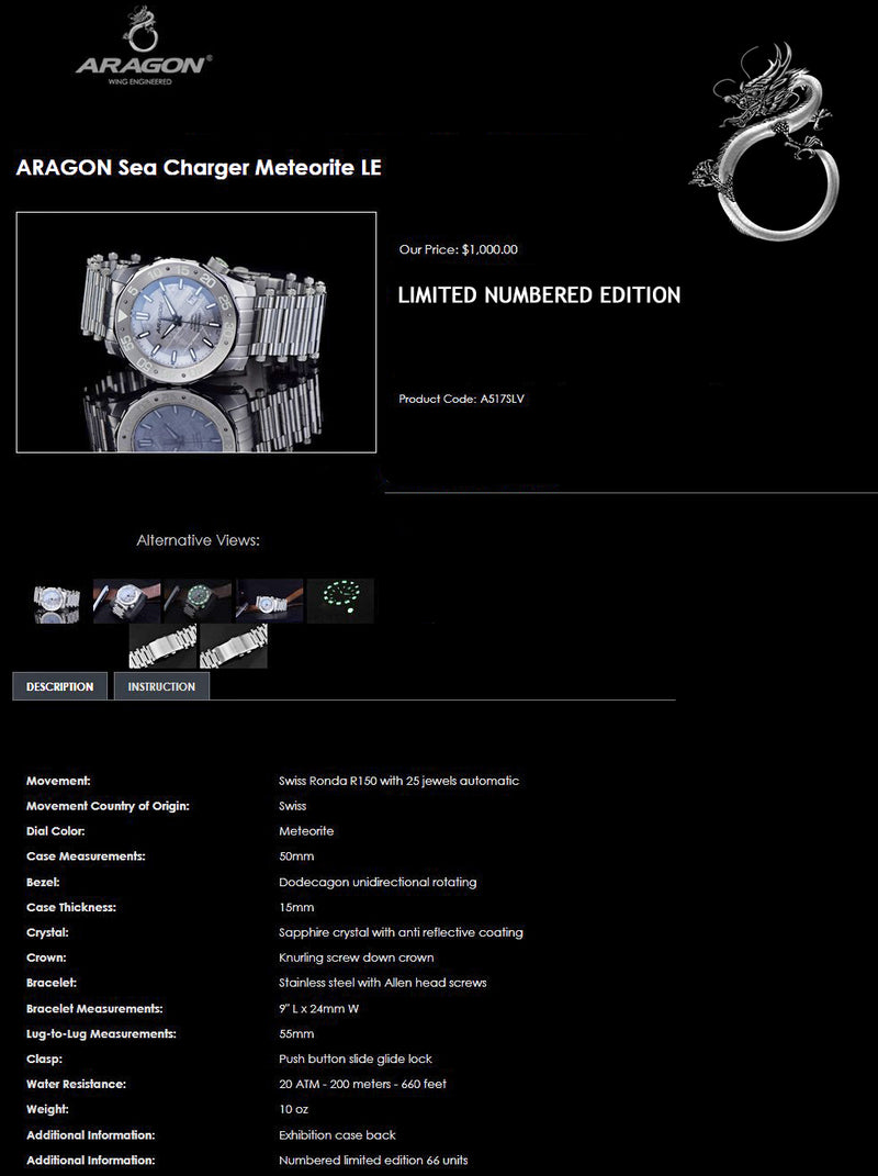 Aragon Meteorite SeaCharger SWISS Automatic Watch w/Dive Bezel Numbered Lm't Ed. 50mm