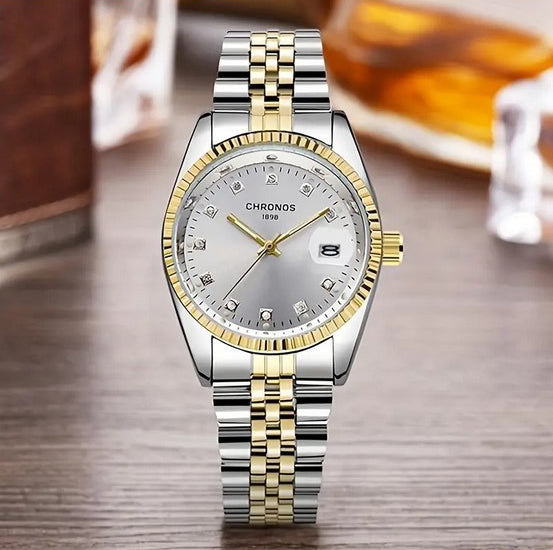 CHRONOS Stunning Rhinestone Slvr Dial Watch Two-Tone Gold/Silver Bracelet Seiko Movement