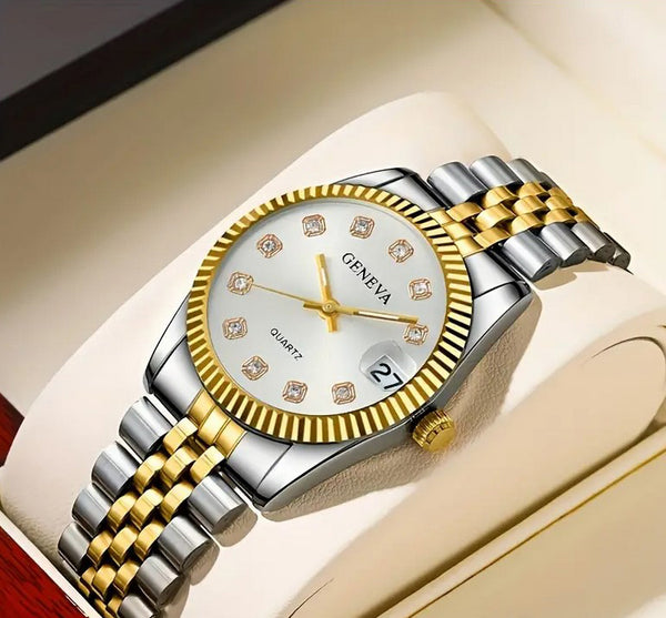 Geneva Ladies Rhinestone Silver Dial Quartz Watch Two-Tone Gold/Silver Bracelet W/ Date