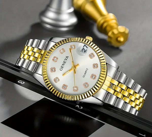 Geneva Ladies Rhinestone Silver Dial Quartz Watch Two-Tone Gold/Silver Bracelet W/ Date